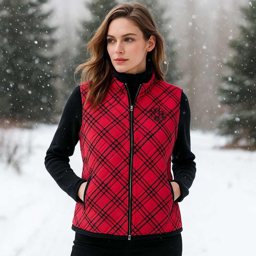 ALIA PETITES | Red & Black Checked Fleece Zip-Up Snowflake Vest – Women’s Medium